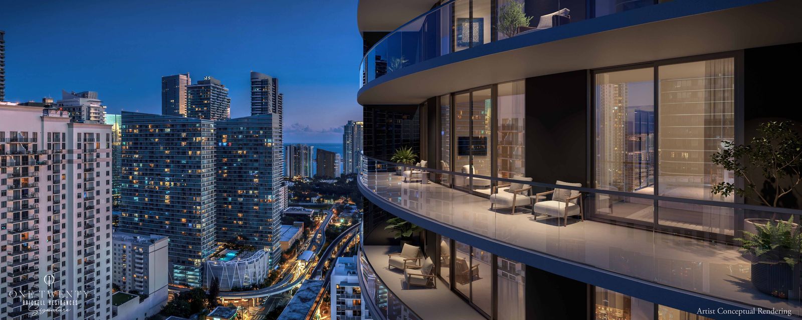 Private balcony with Brickell skyline views
